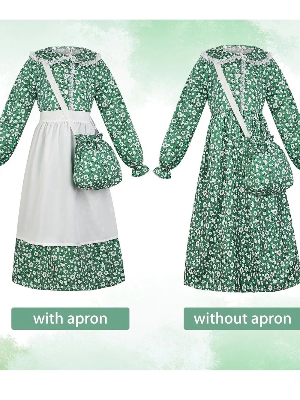 New Girls Pioneer Floral Prairie Dress Costume Small Green Apron Bonnet Bag sock